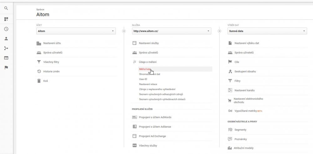 Kde najít měřící kód v Analytics